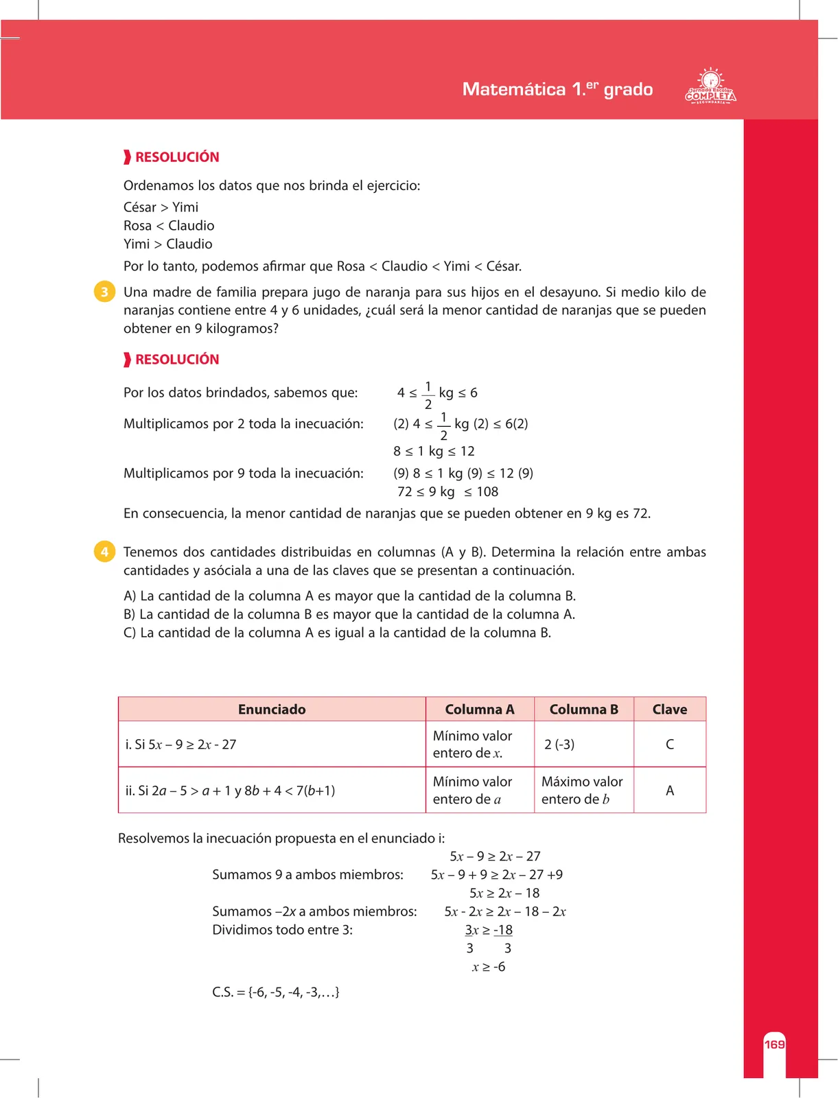 Miniatura página 169 de Matemática 1 : cuaderno de reforzamiento pedagógico - JEC · 2016
