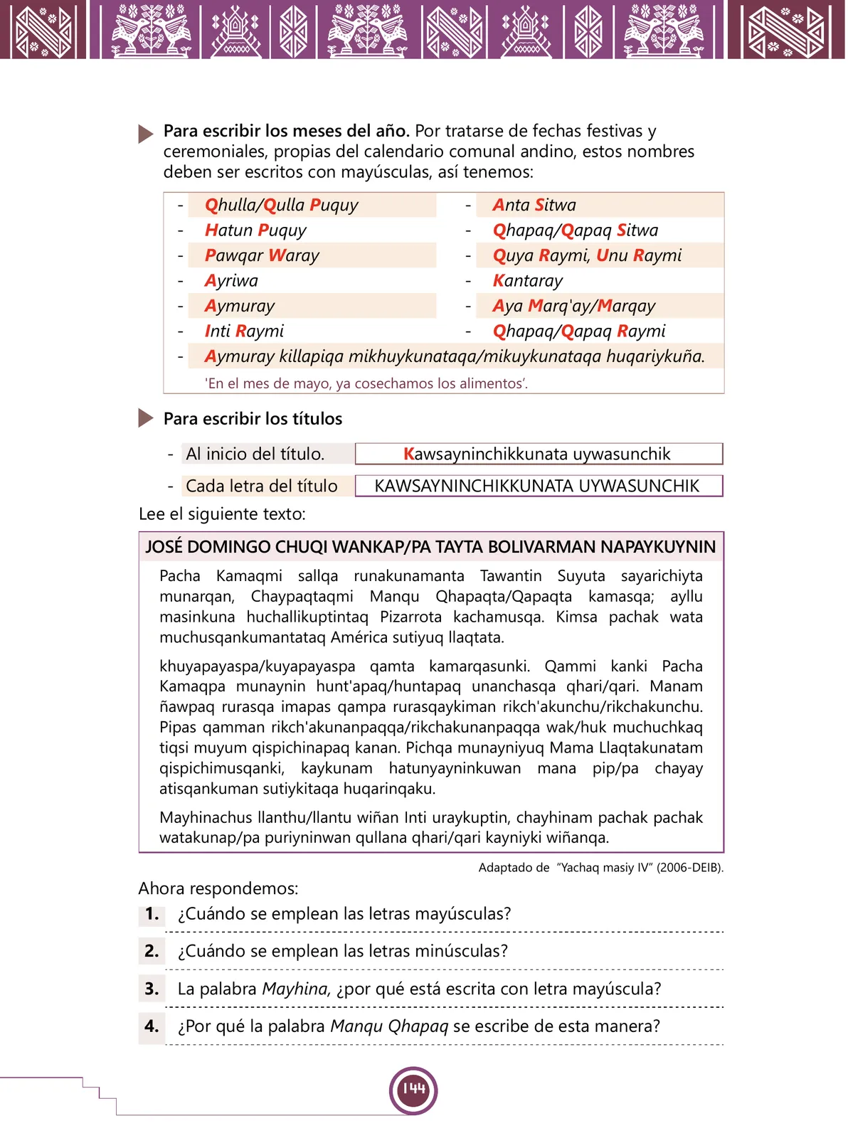Página 146 de Urin Qichwa Qillqay Yachana Mayt'u = Manual de escritura quechua sureño · 2021