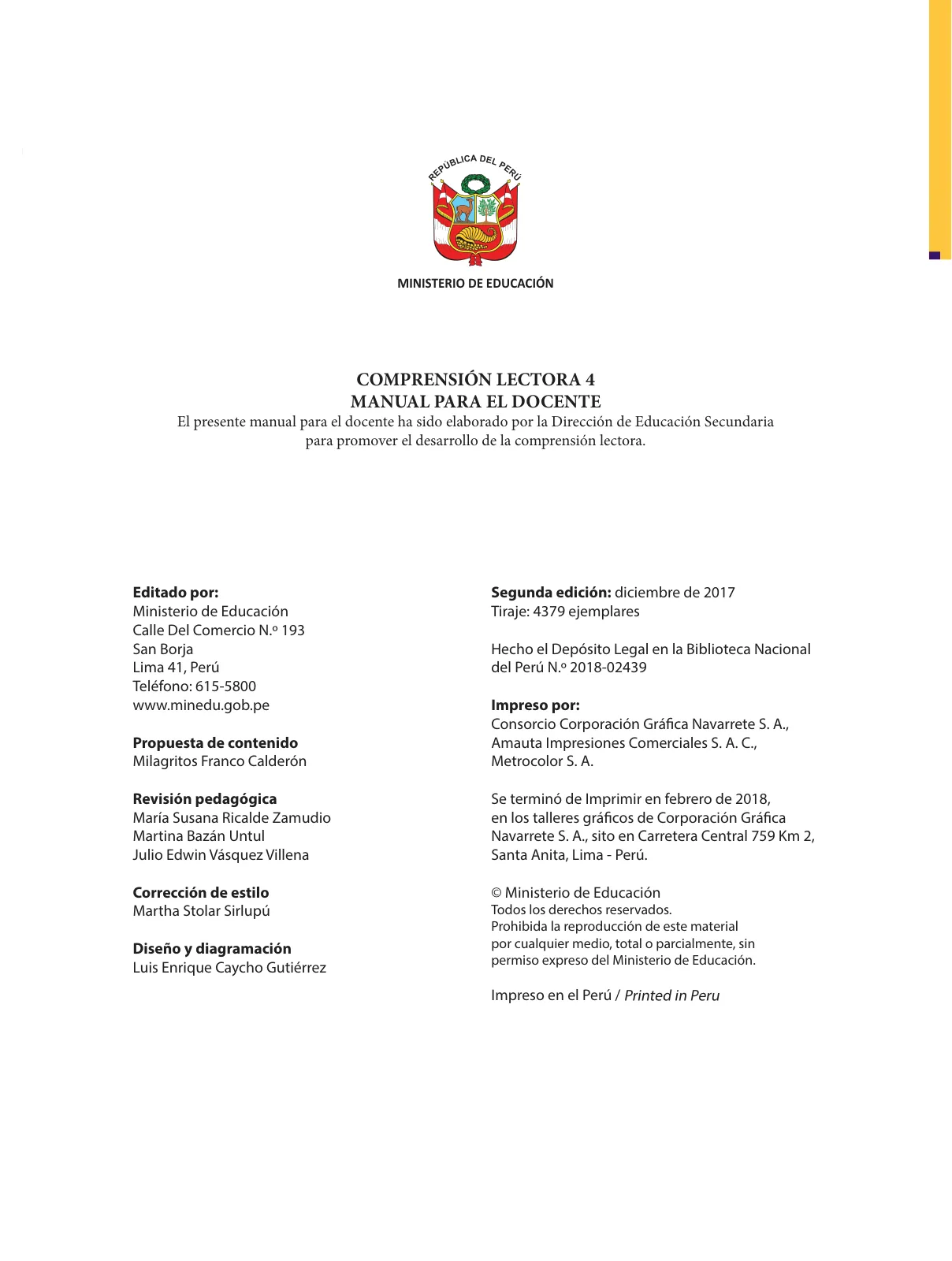 Página 4 de Comprensión lectora : manual para el docente de cuarto grado de Secundaria 2018 · 2018