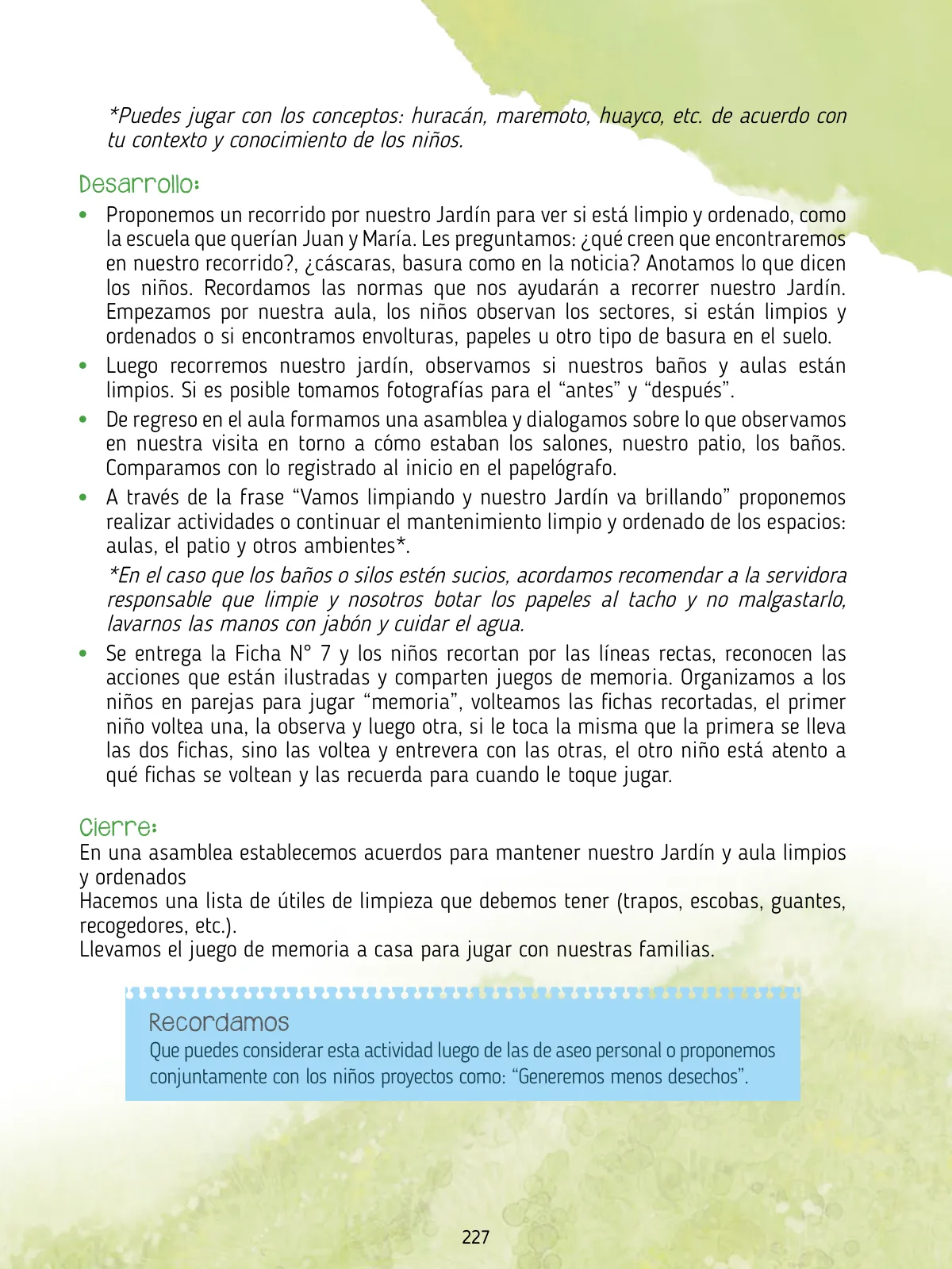 Miniatura página 229 de Agenda pedagógica 2017-2018 para docentes de II Ciclo de Instituciones de nivel de Educación Inicial · 2017