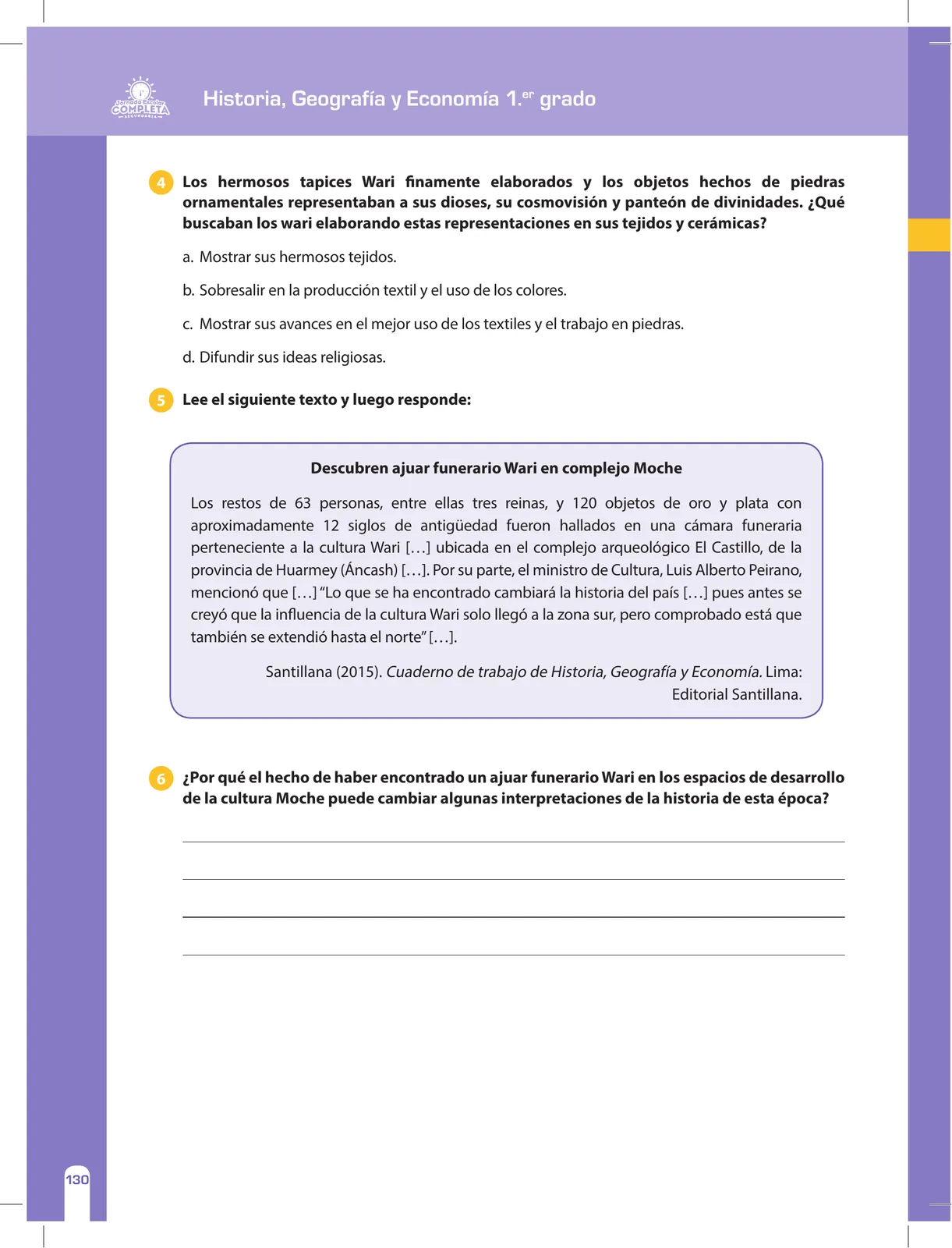 Miniatura página 130 de Historia, Geografía y Economía 1 : cuaderno de reforzamiento pedagógico - JEC · 2016