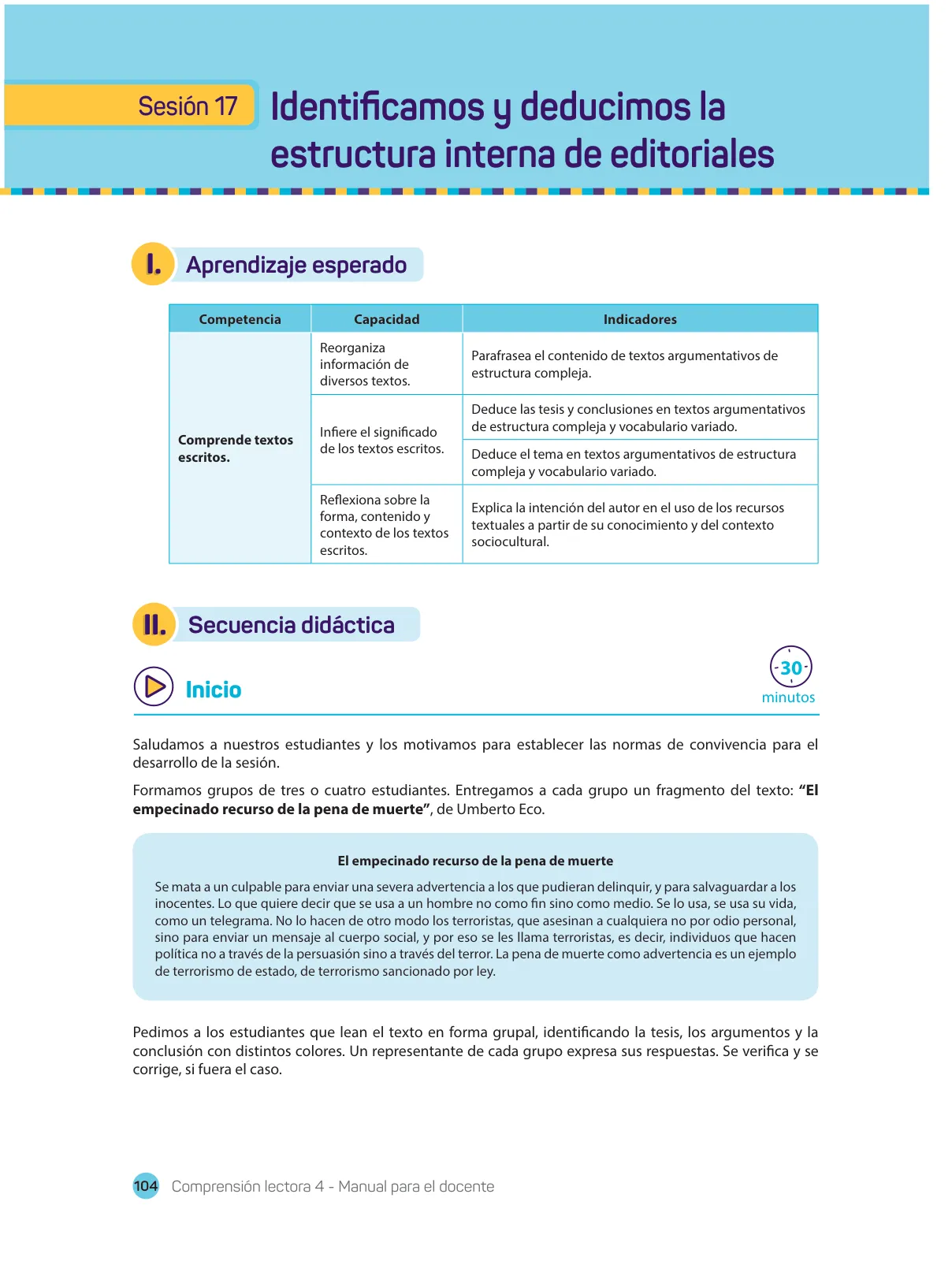 Página 106 de Comprensión lectora 4 : manual para el docente de cuarto grado de Secundaria · 2017