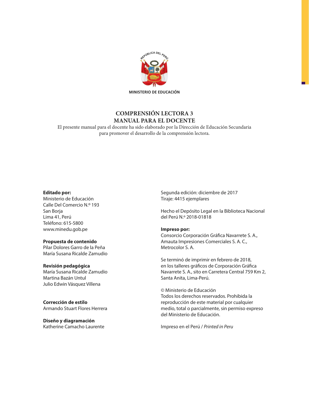 Miniatura página 4 de Comprensión lectora : manual para el docente de tercer grado de Secundaria 2018 · 2018