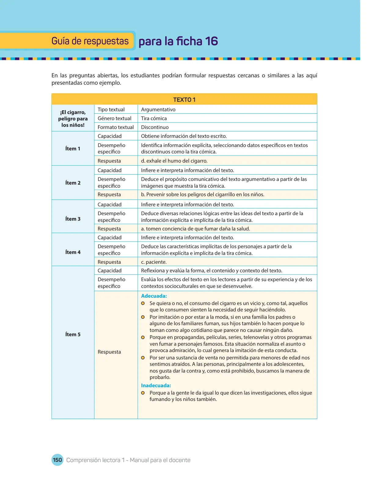 Miniatura página 152 de Comprensión lectora : manual para el docente de primer grado de Secundaria 2018 · 2018
