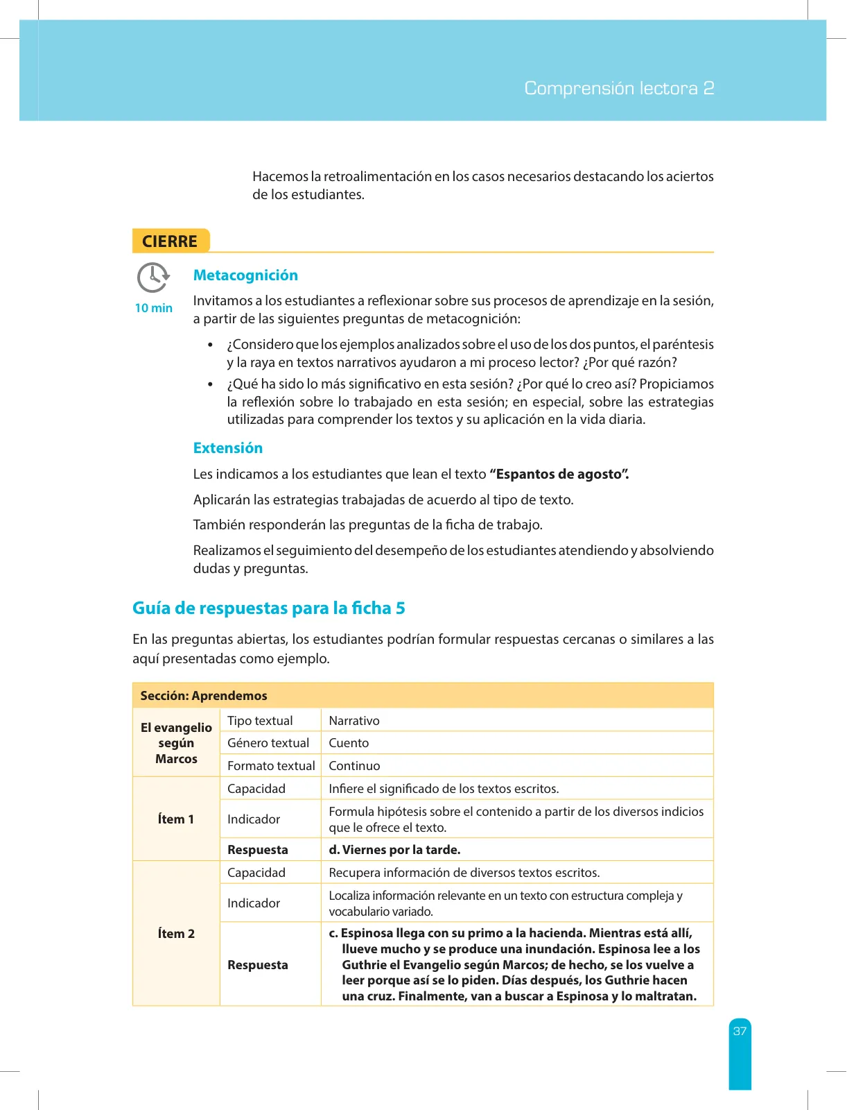 Página 39 de Comprensión lectora 2 : manual para el docente de segundo grado de Secundaria · 2017