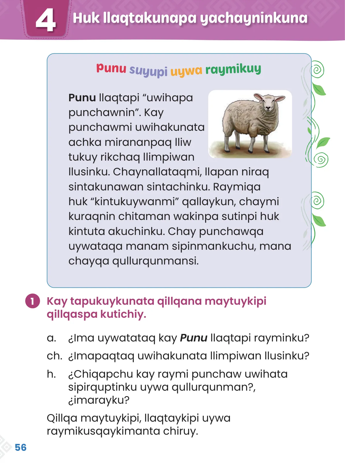 Página 58 de Ñawichana Maytu 1 Quechua - Chanka. Texto de Comunicación del 1° Primaria - Quechua Chanka · 2023