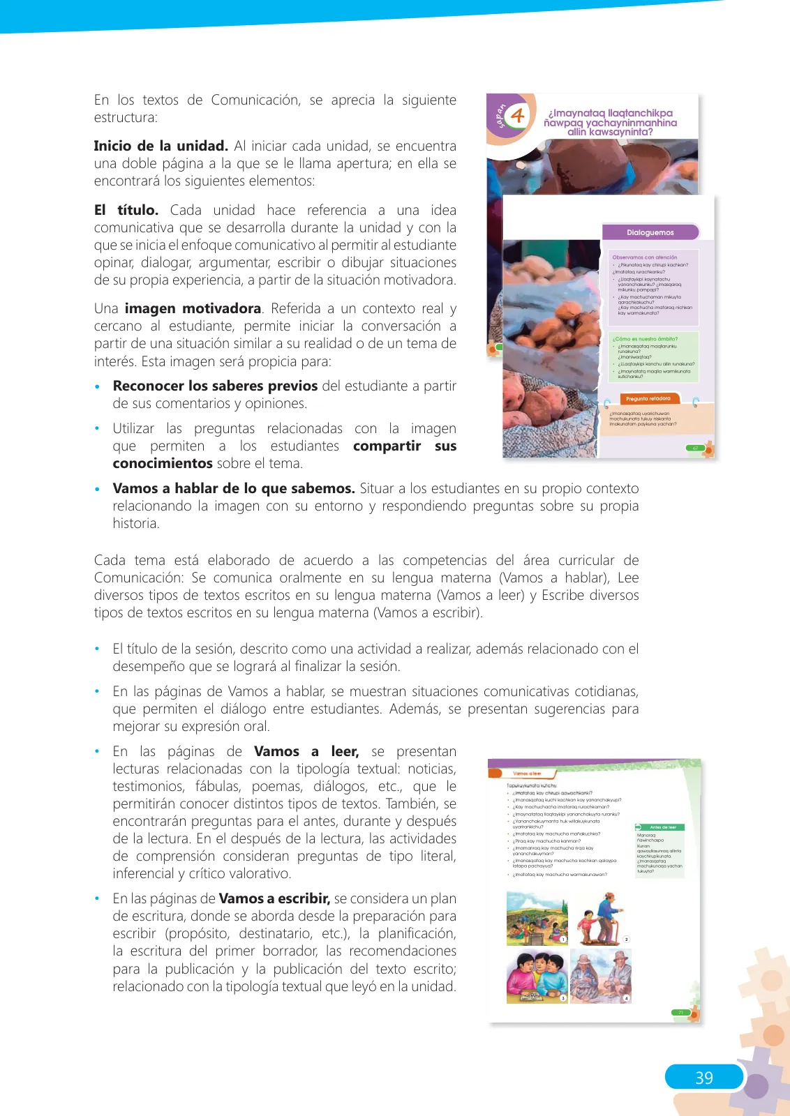 Página 39 de Guía para el docente sobre el uso del material educativo, Quechua Chanka. Ciclos Inicial e Intermedio, área de Comunicación · 2020