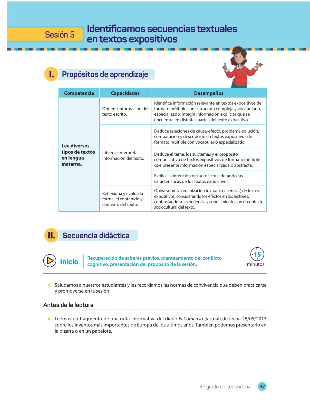 Página 49 de Comprensión lectora : manual para el docente de cuarto grado de Secundaria 2018 · 2018