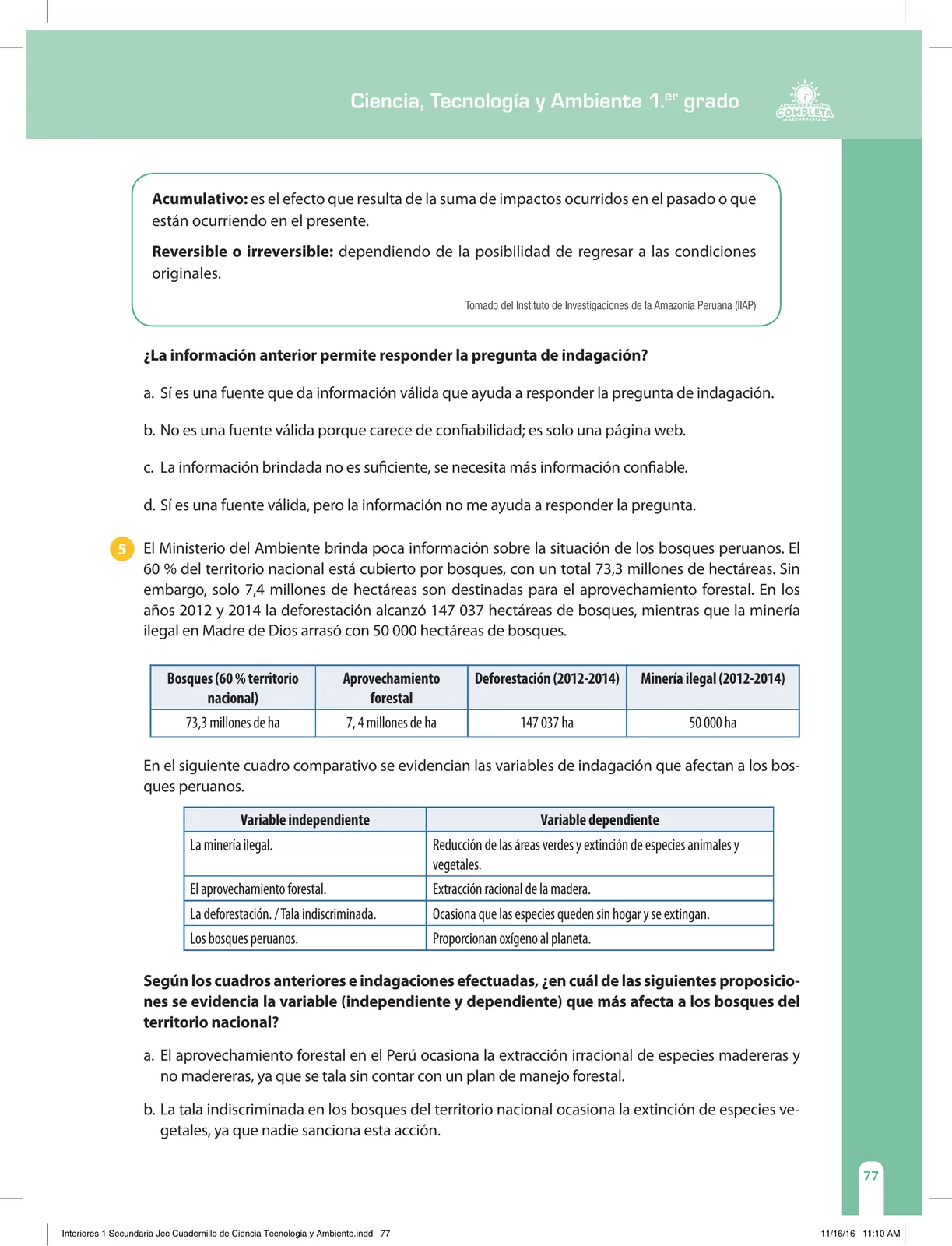 Página 77 de Ciencia, Tecnología y Ambiente 1. Cuaderno de reforzamiento pedagógico - JEC · 2016