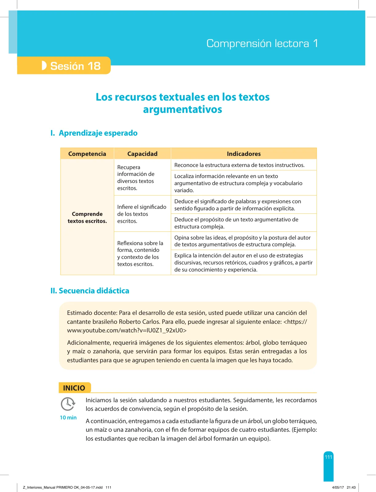 Página 113 de Comprensión lectora 1 : manual para el docente de primer grado de Secundaria · 2017