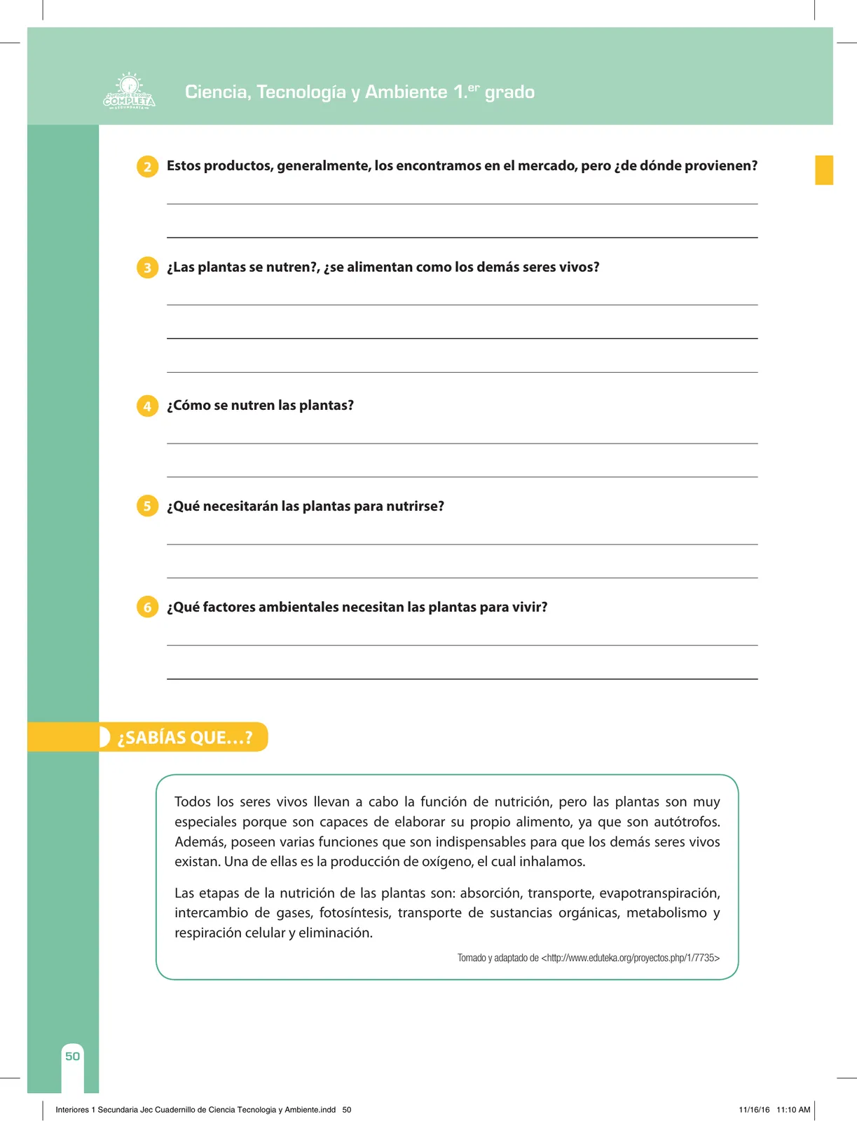 Página 50 de Ciencia, Tecnología y Ambiente 1. Cuaderno de reforzamiento pedagógico - JEC · 2016