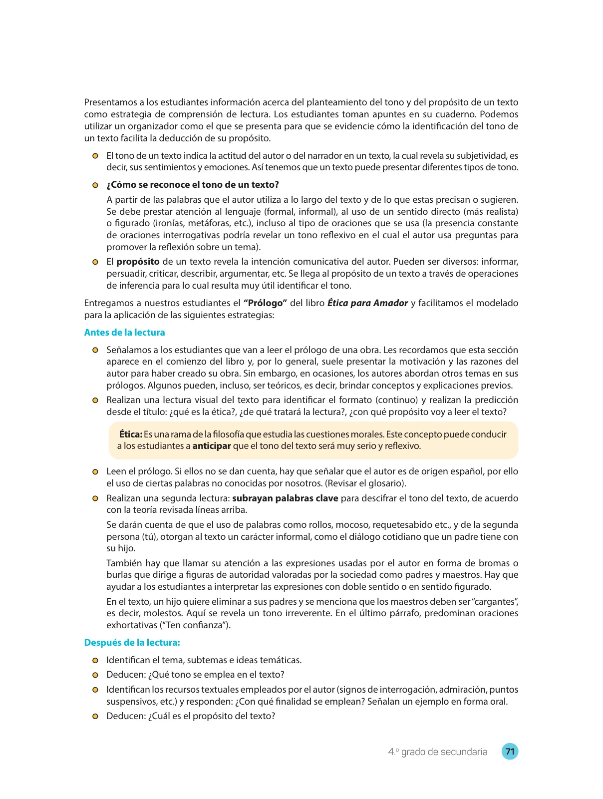 Miniatura página 73 de Comprensión lectora 4 : manual para el docente de cuarto grado de Secundaria · 2017