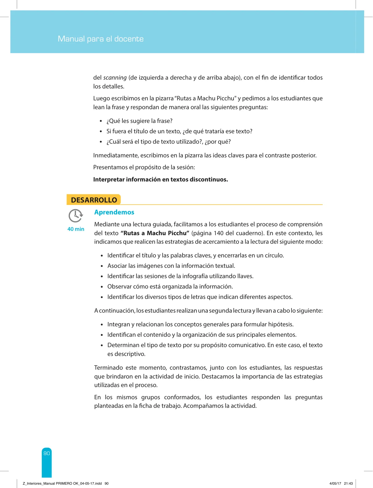 Página 92 de Comprensión lectora 1 : manual para el docente de primer grado de Secundaria · 2017