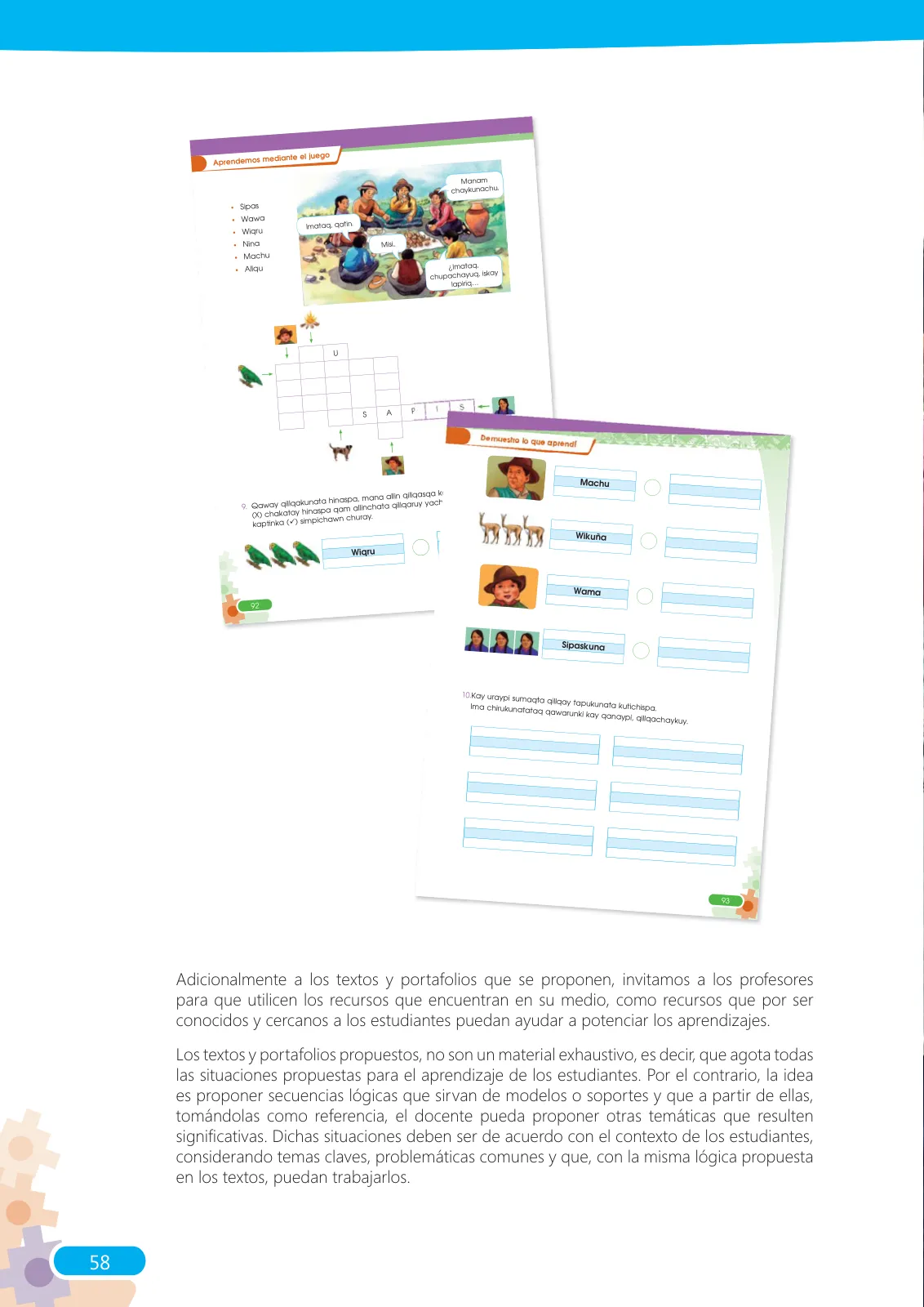 Miniatura página 58 de Guía para el docente sobre el uso del material educativo, Quechua Chanka. Ciclos Inicial e Intermedio, área de Comunicación · 2020