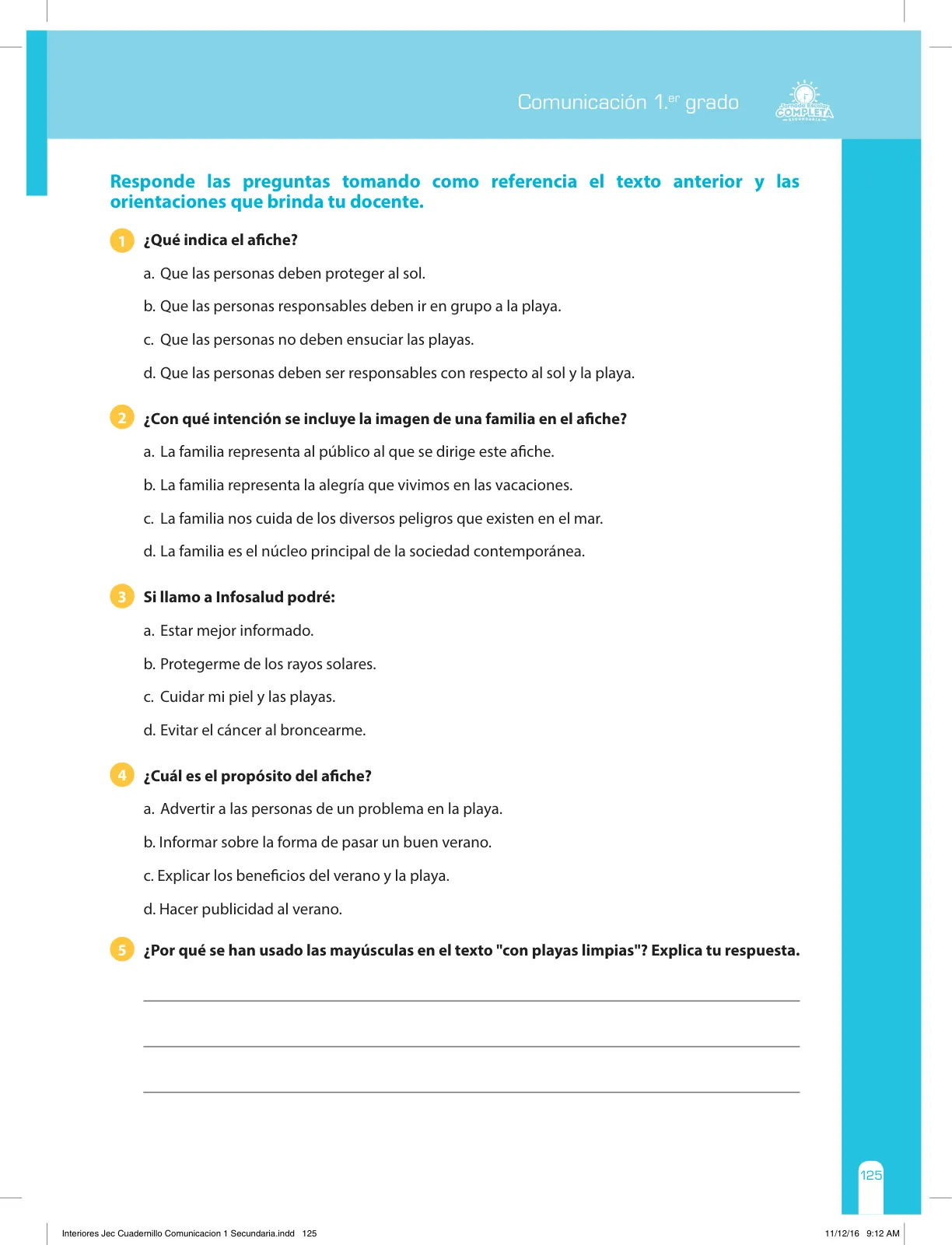 Miniatura página 125 de Comunicación Secundaria 1. Cuaderno de reforzamiento pedagógico - JEC · 2016