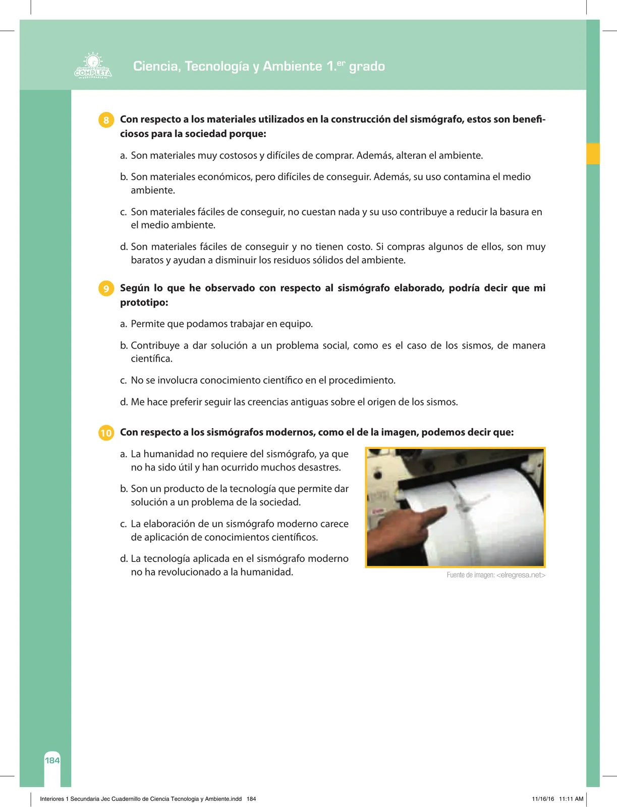 Miniatura página 184 de Ciencia, Tecnología y Ambiente 1. Cuaderno de reforzamiento pedagógico - JEC · 2016