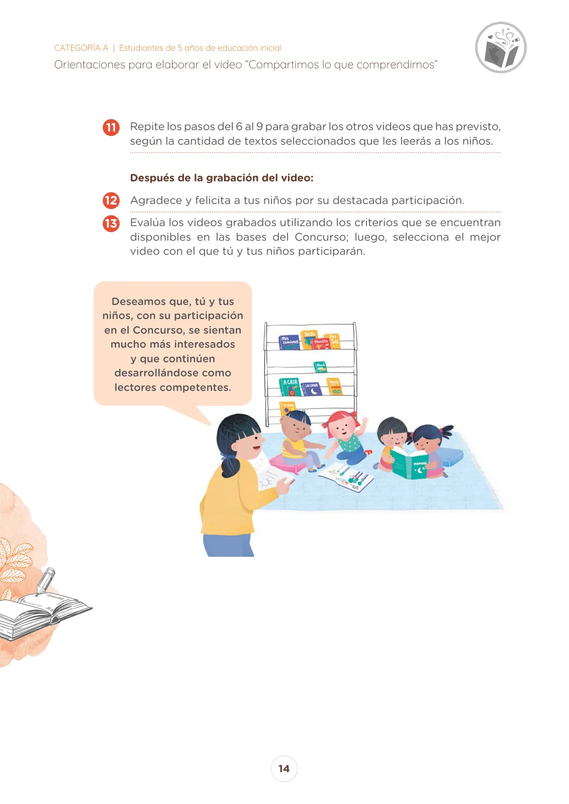 Página 14 de Orientaciones para elaborar el video “Compartimos lo que comprendimos” Concurso Nacional de Comprensión Lectora “El Perú Lee” : categoría A, estudiantes de 5 años de educación inicial · 2025