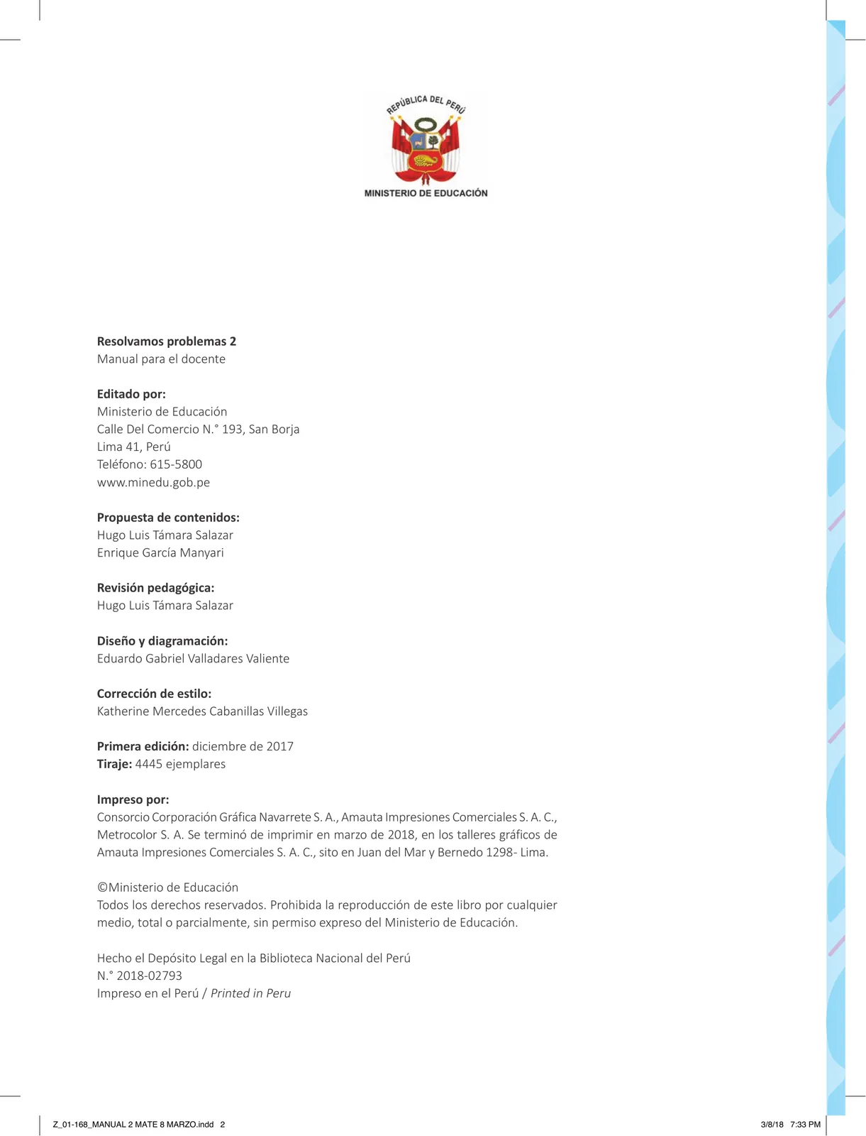 Página 4 de Resolvamos problemas 2 : manual para el docente 2018 · 2018